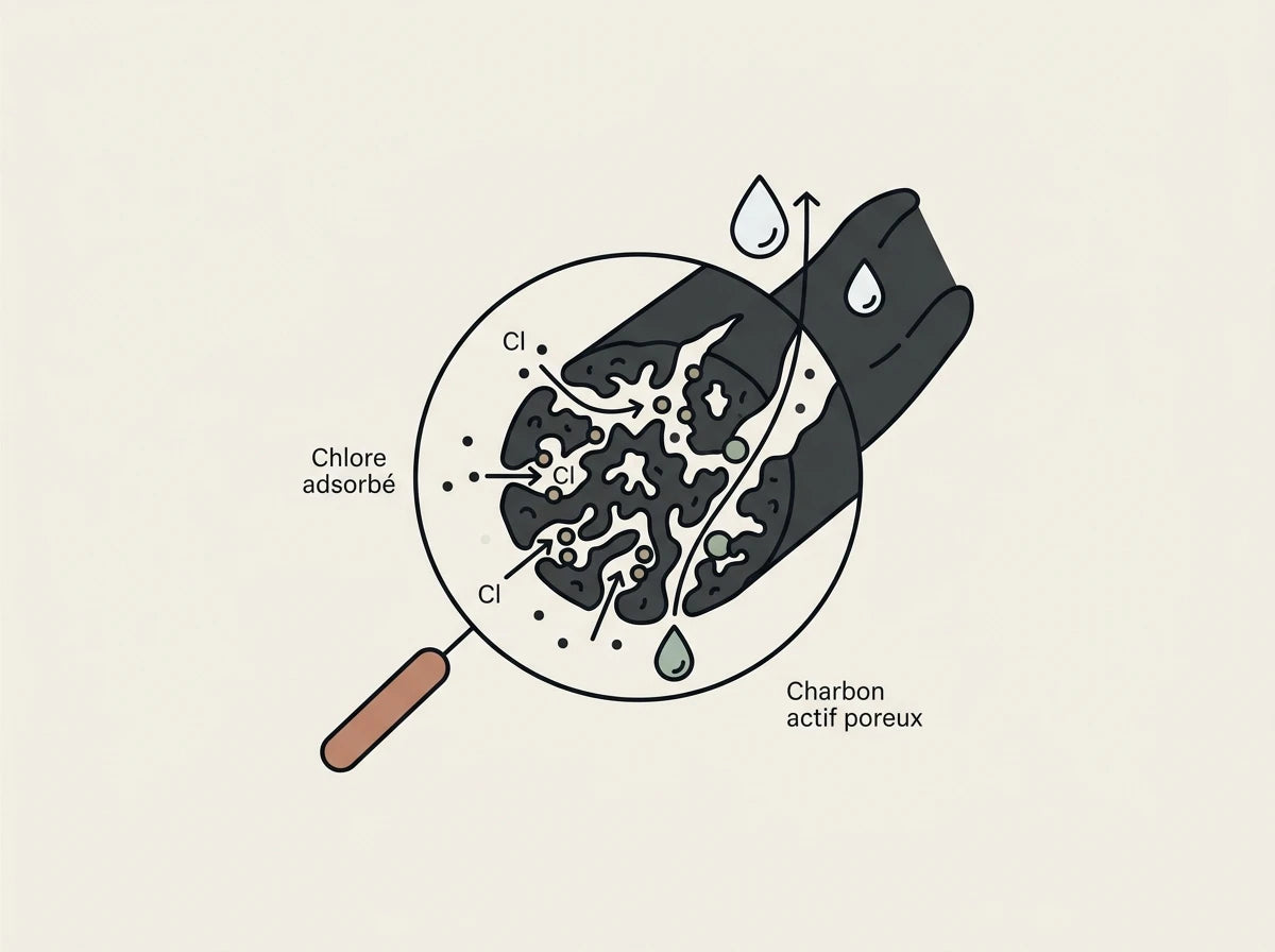 Schéma illustratif de l'adsorption du chlore par le charbon actif poreux