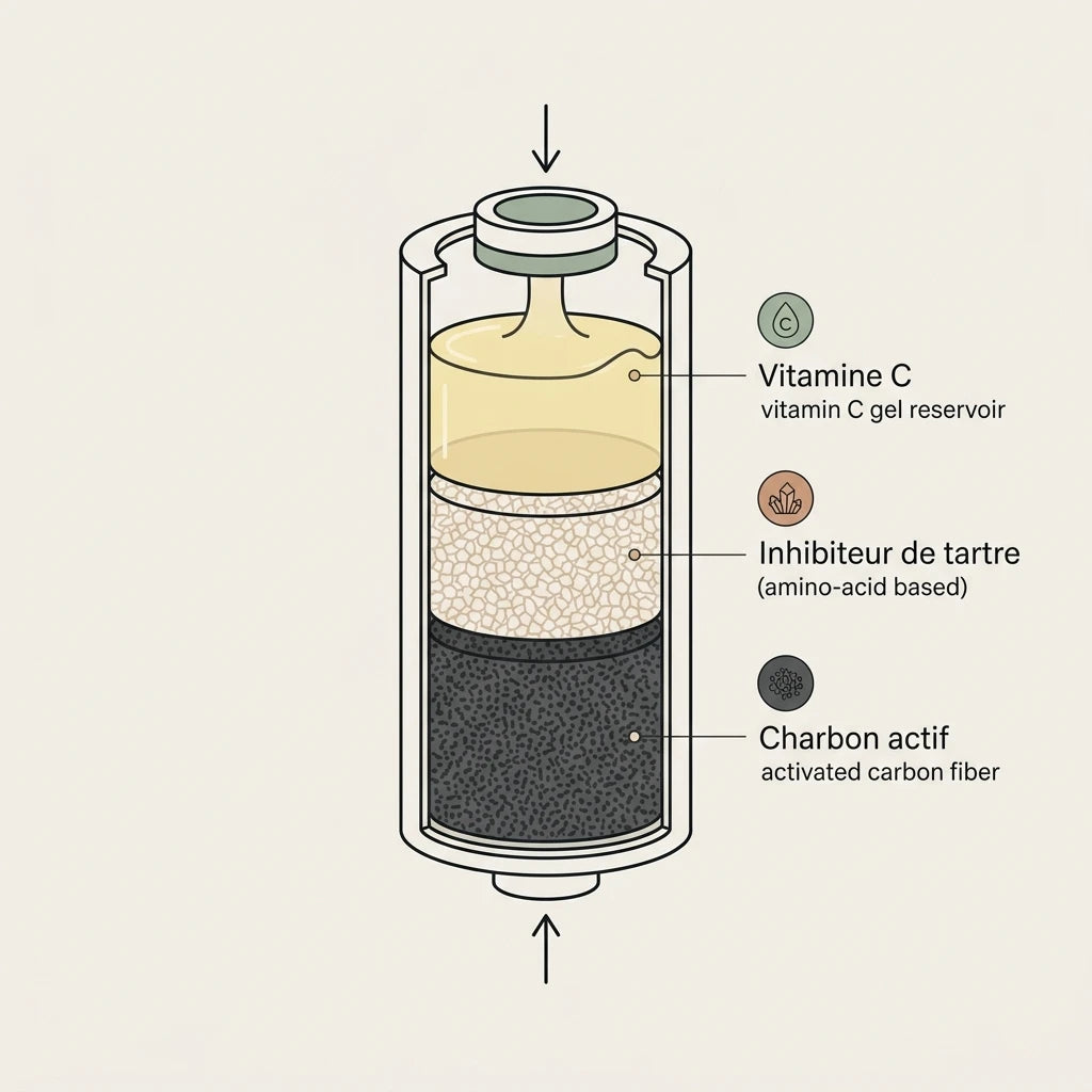 Schéma illustratif des trois couches de la cartouche : charbon actif, inhibiteur de tartre, vitamine C