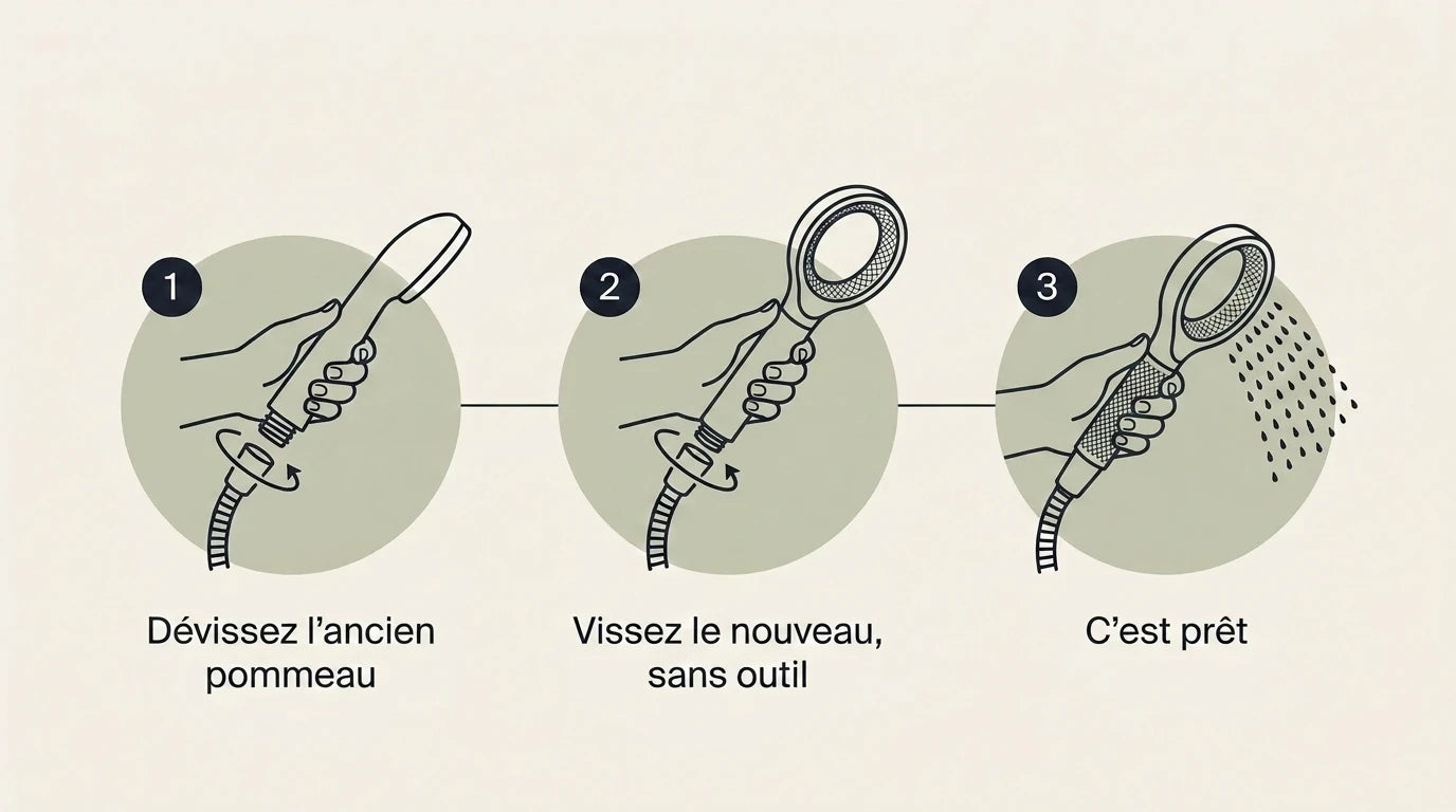 Illustration des trois étapes d'installation : dévisser l'ancien pommeau, visser le nouveau sans outil, c'est prêt
