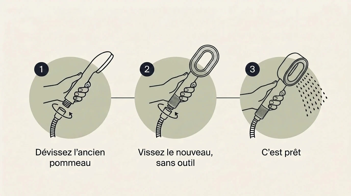 Illustration des trois étapes d'installation : dévisser l'ancien pommeau, visser le nouveau sans outil, c'est prêt