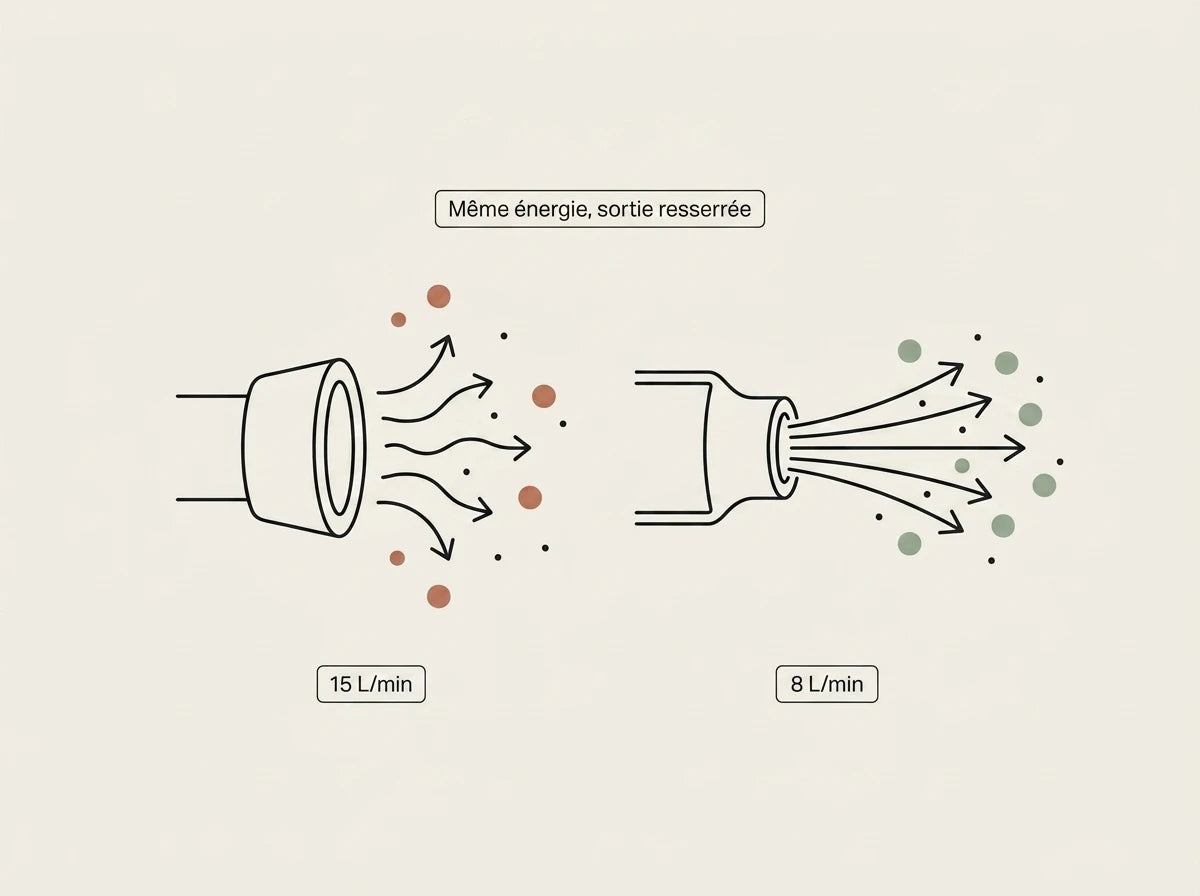 Schéma comparant la vitesse de sortie de l'eau entre un pommeau standard à 15 L/min et une sortie resserrée à 8 L/min