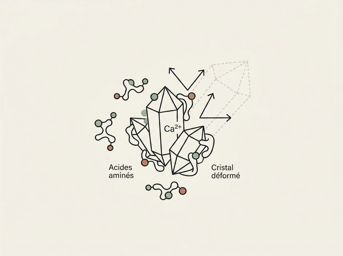 Schéma illustratif de l'inhibiteur de tartre aux acides aminés déformant un cristal de calcaire